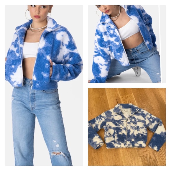 Adika Jackets & Blazers - Adika Mists Fleece Cropped Jacket Blue White Tie Dye Size XS